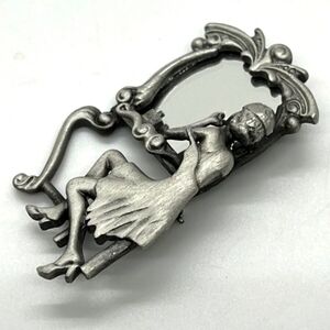 Vintage Brooch AJC Signed Deco Style Flapper Lady in Mirror Silver Tone